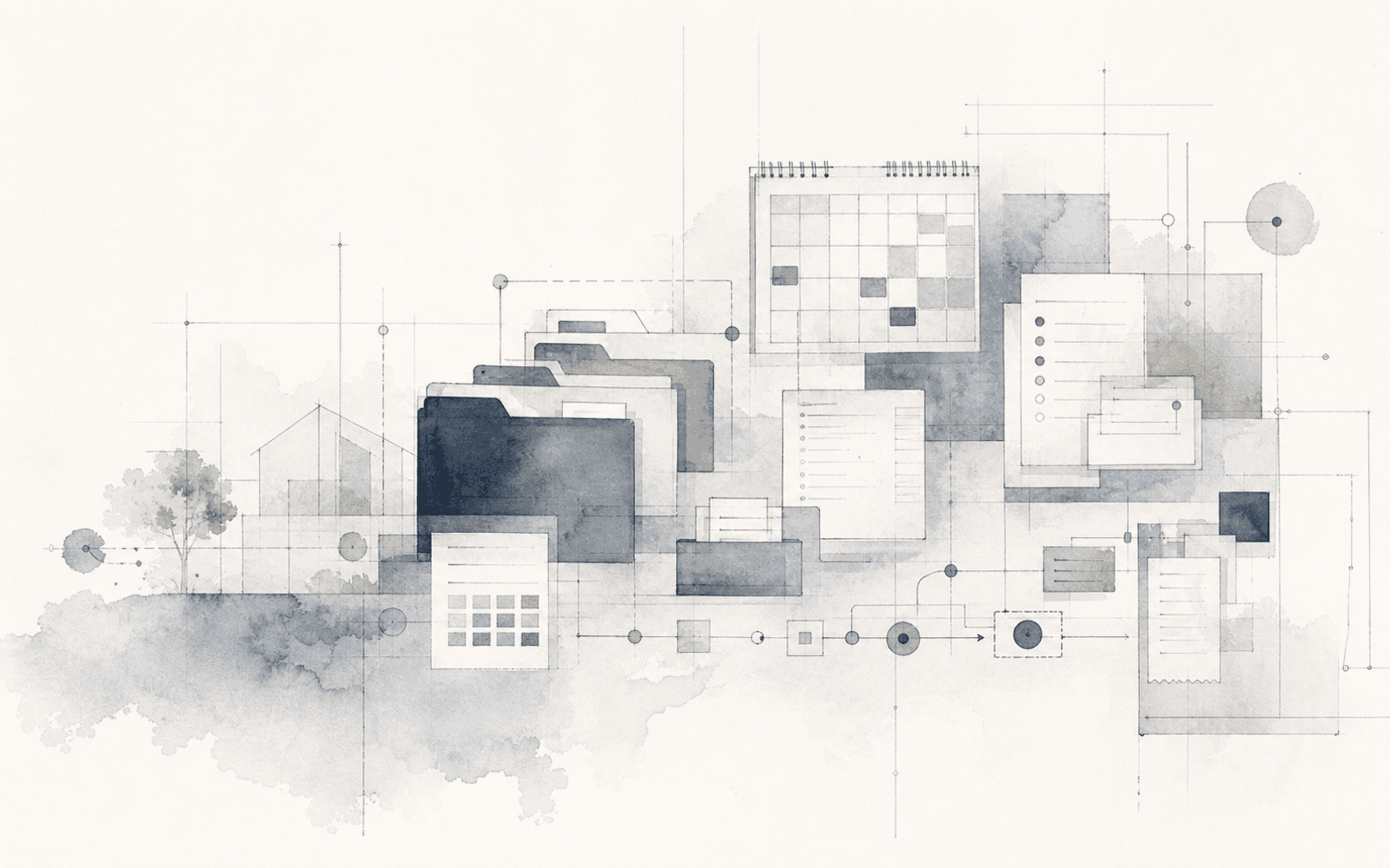 Abstract watercolour sketch of household coordination infrastructure with connected records, schedules, documents, and task flows.
