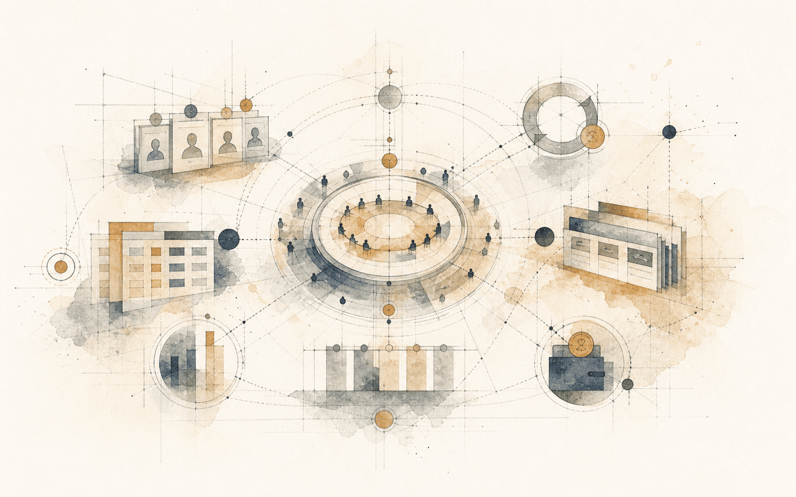 Abstract watercolour sketch of relationship-led operating infrastructure with connected records, events, and engagement signals.